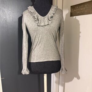 Lauren Ralph Lauren Gray V-Neck Sweater with Ruffle Trim